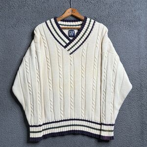 Men’s Vintage Gap 90s Varsity Cable Knit Tennis Sweater Size XL Old Money Preppy